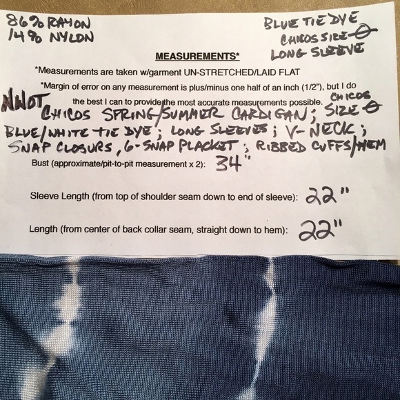 CHICO’S Spring Summer Cardigan, NWOT, Blue/White TIE DYE, Chico’s Size ZERO - Picture 8 of 8